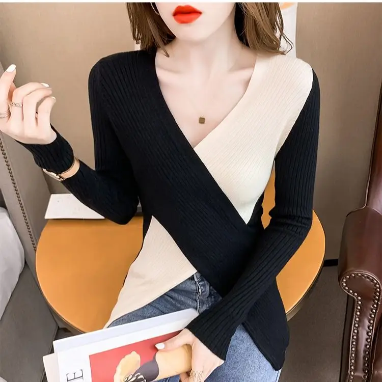 Fashion V-Neck Knitted Spliced Loose Irregular Sweater Women\'s Clothing 2022 Autumn New All-match Casual Pullovers CommuteTops