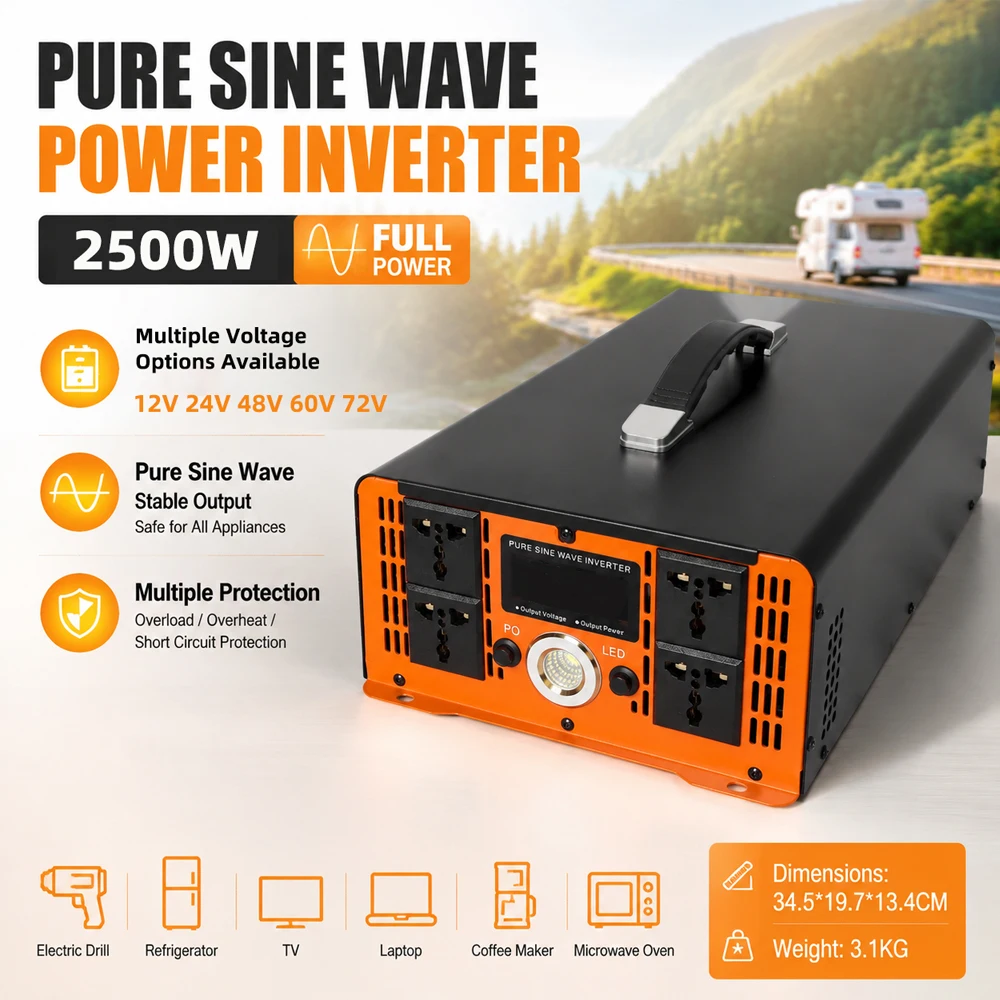 2500W Pure Sine Wave Power Inverter DC 12V 24V 48V To AC 220V 110V LCD LED Converter For RV Camping Home Solar Emergency Backup