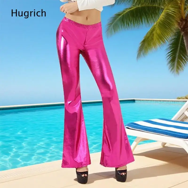 Women Purple Shiny Metallic Flare Pants Elastic High Waist Liquid Gloss Bell Bottom Disco Trousers