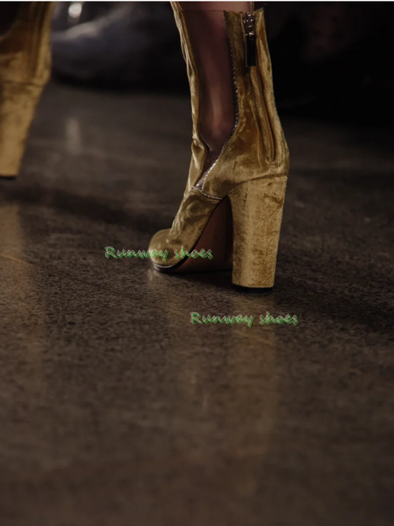 Botines de tacón grueso puntiagudo en amarillo mostaza con empalme de materiales de terciopelo y transparente, cierre trasero con cremallera, zapatos de moda para banquetes 2026