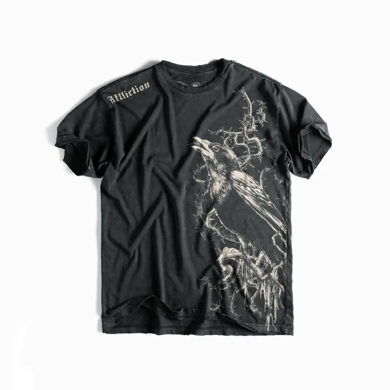 Affliction Lucky Crow Printed Short Sleeve T-Shirt Men American Retro Fashion Punk Hip-Hop Y2K Cotton Crewneck Couple Tops Tees
