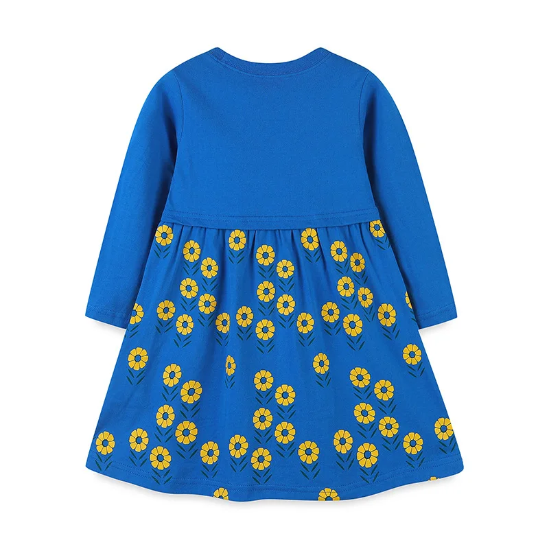 Euro-America Style Girls Long Sleeve Dress Knitted Cotton Little Bee Pocket Children Skirt Girl Baby Flower Print Princess Dress