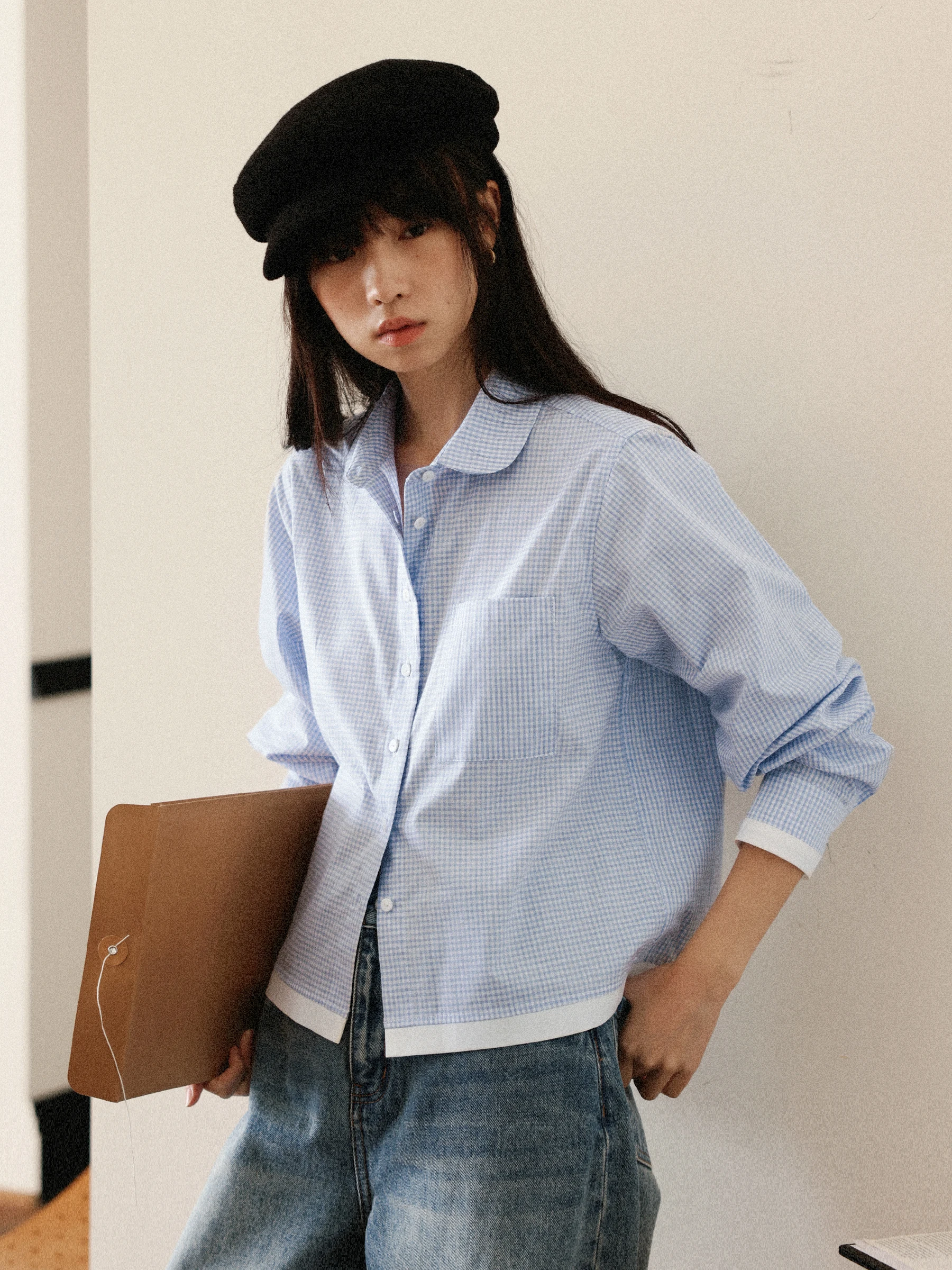 

MUNNS RUIXI Light Residence Daily Plaid irt Doll Collar High Yarn Eco-friendly Cotton Top French Sle Loose Fit Long Sve