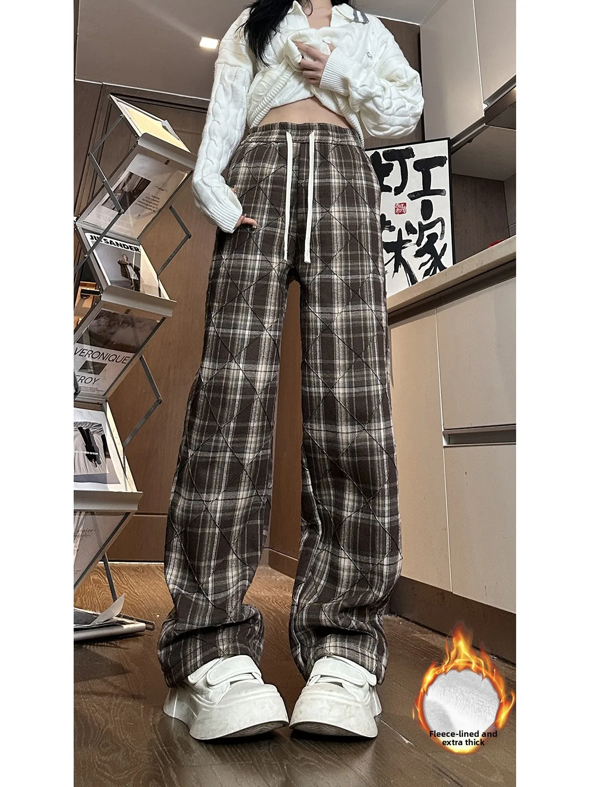 

American Retro Plaid Thiened Fce Woolen Casual Pants Women Autumn Winter High Waist Wide Leg Straight Cut Trousers