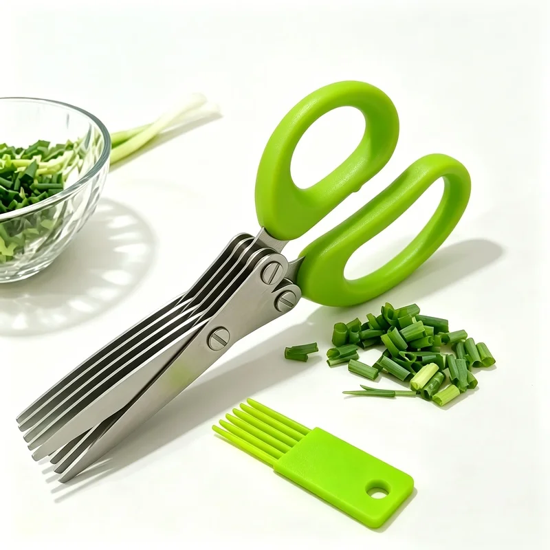 Multilayer Stainless Steel Kitchen Herb Scissors with Cleaning Comb, Food Grade Multi Blade Scissors for Scallion Vegetable Kelp
