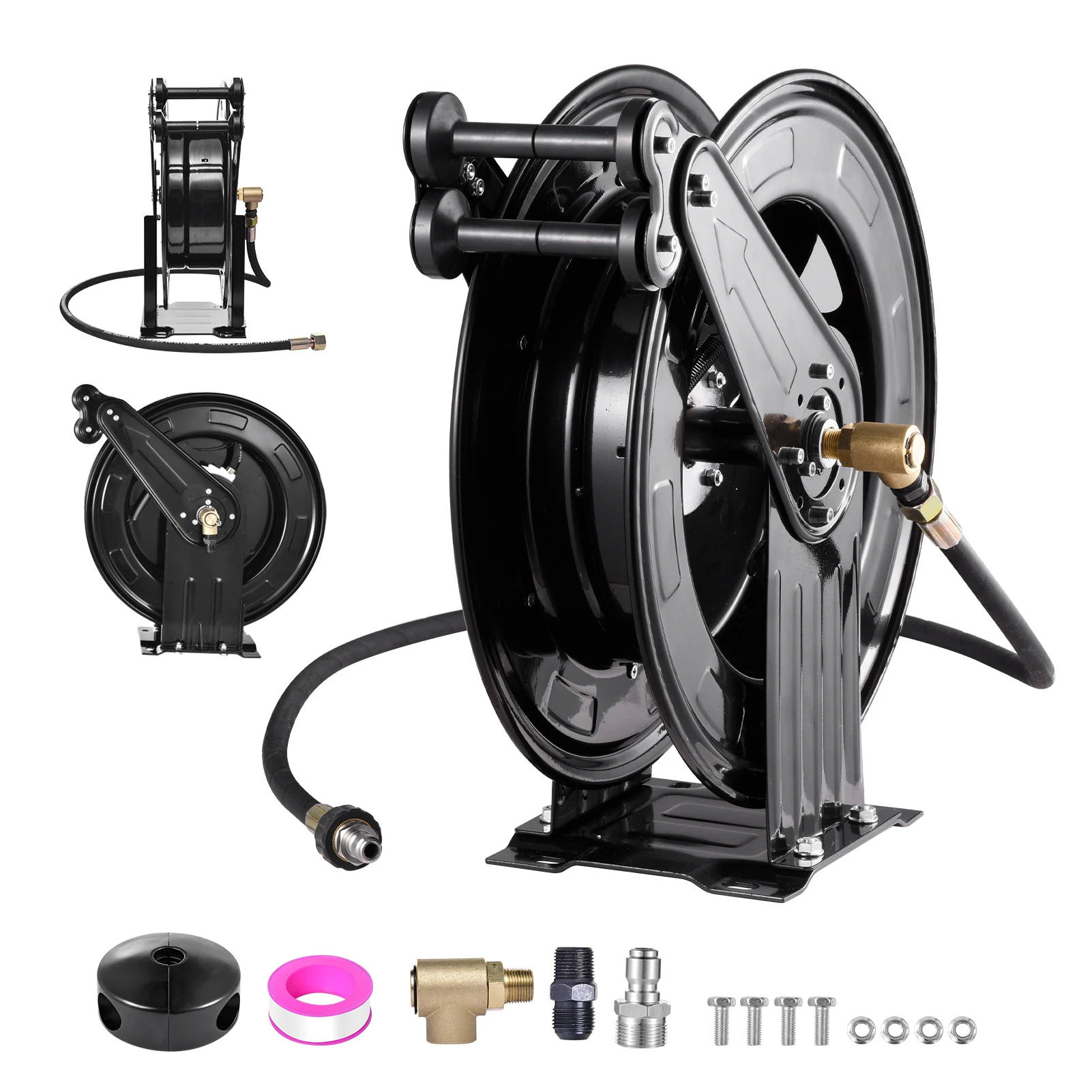 Heavy Duty Pressure Washer Hose Reel 50 FT X 0.59 Inch, Industrial Grade Steel Double Arm Manual Crank Reel, 4000 PSI High Pressure Washer Hose Storage, Wall Floor Ceiling Mounted Swivel Bracket for Air Water Liquid Use