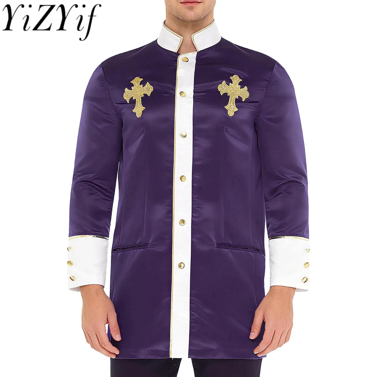 

Men Liturgical Clergy Priest Cosplay Jackets Robe Cross Embroidery Satiny Preachers Churchman Shirt Tops for Halloween Carnival