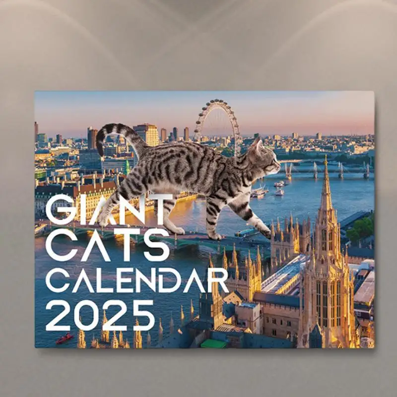 2025 zabawny kalendarz ścienny brytyjskie miasto styczeń do grudnia kalendarz śliczne ilustracje gigantyczne koty planista kalendarz miesięczny dla