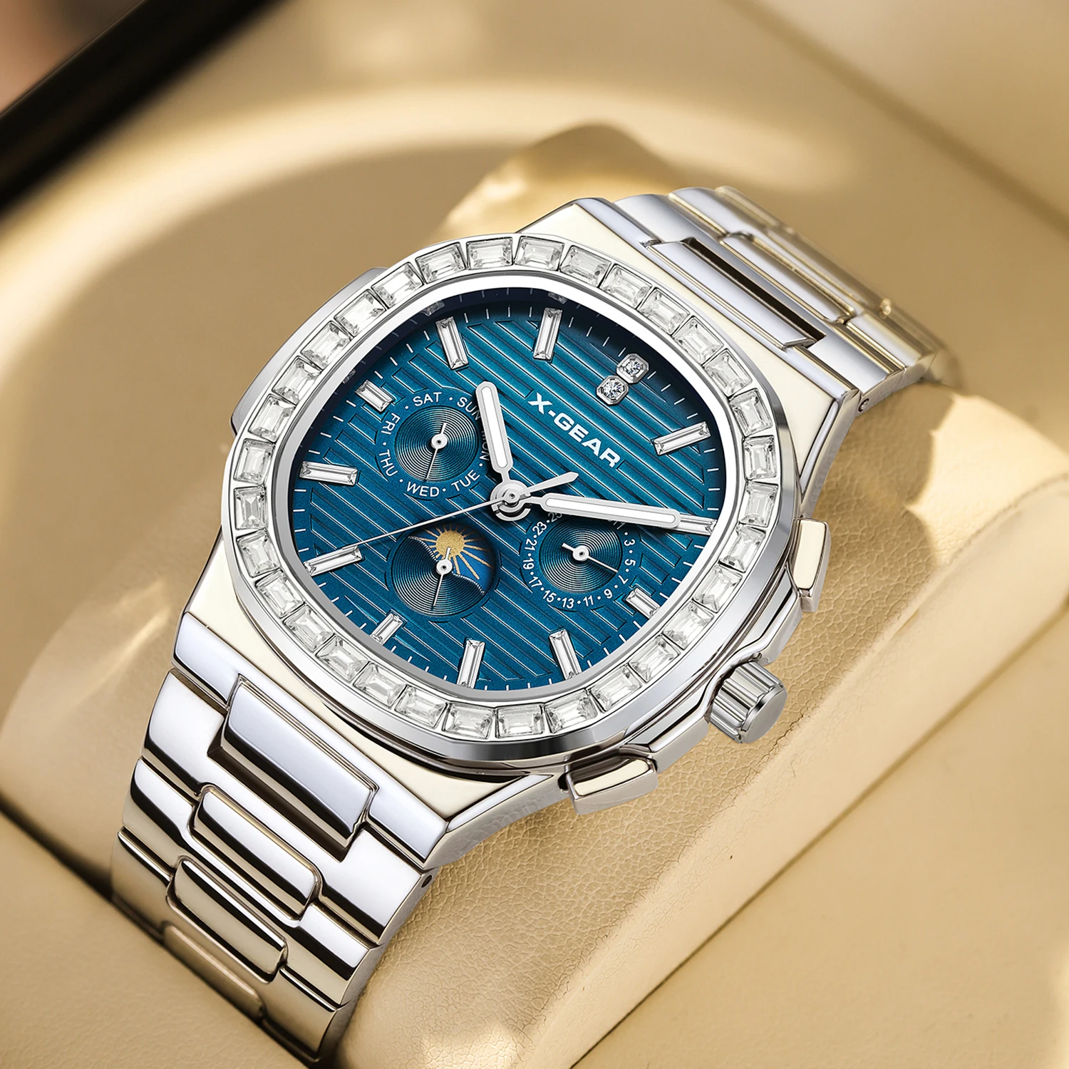 

Men's Automatic Mechanical Watch Waterproof Steel Belt Band Moon Phase Calendar Week Wristwatch