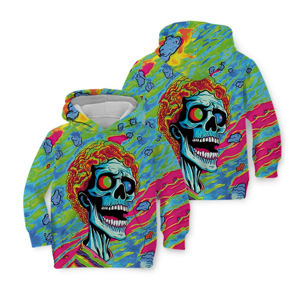 2023 Halloween Costume Colorful Skull Long-sleeved Hoodie Hand-painted Pullover All-over Print Art Bones Hip Hop Kids Clothing