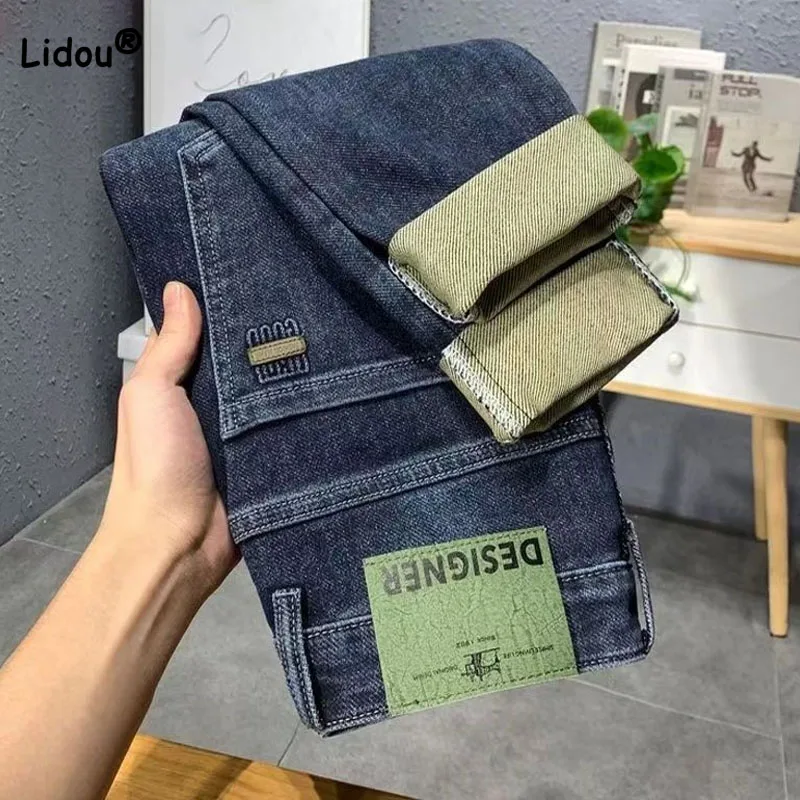 2023 Autumn Winter Korean Pockets Men's Mid Waist Wash Jeans Fashionable Male Clothes Trend Slim Solid Color Zipper Pencil Pants