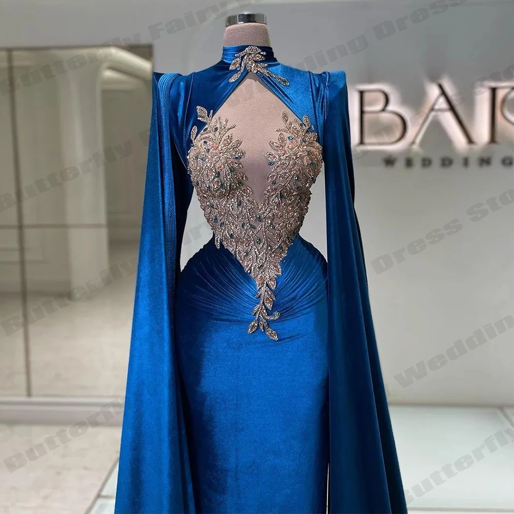 Luxury Satin Fascinating Women Dresses Summer Lace Applique Beautiful Nipped Waist Slim High Neck Long Sleeves Evening Dresses