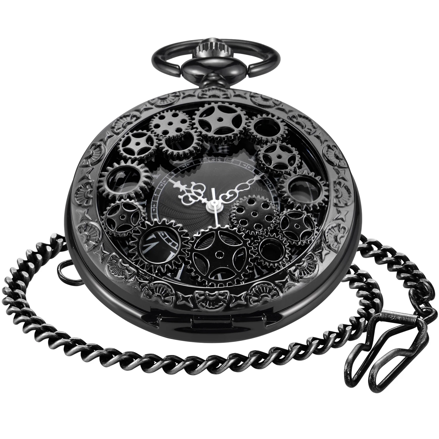 Steampunk Steel Vintage Hollow Black Gear Hollow Quartz Pocket Watch Necklace Pendant Clock Chain Men's Women's CF1036