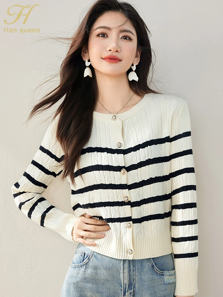 

H Han Queen Autumn Fashion Stripe Basic Vintage Sweater Women's Clothing Vintage Casual Long Sleeve Tops Basic Knitted Cardigan