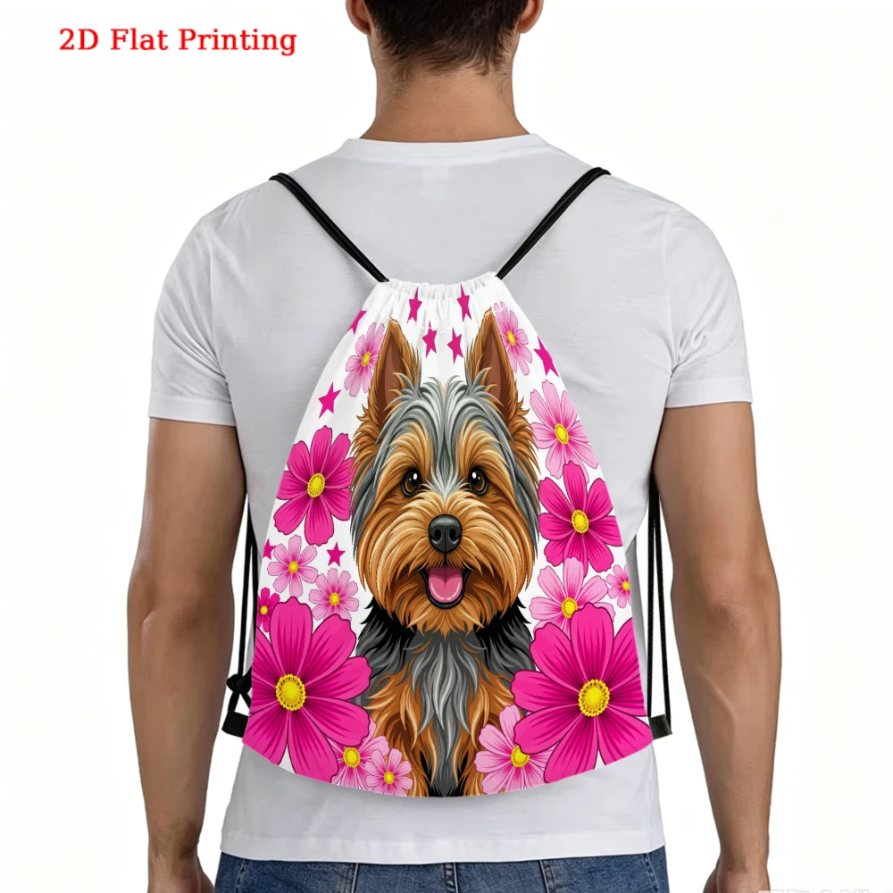 Yorkie Dog Pink Flowers Stars Drawstring Backpack, Travel Shoe Bag, Fitness Sports Backpack, Travel Outdoor Drawstring Bag