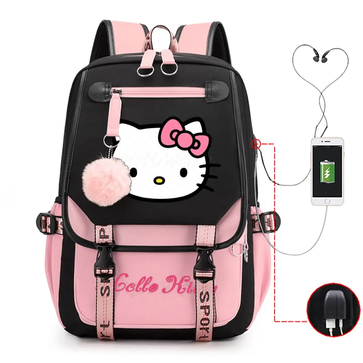 

Cute Cartoon Hello Kitty School Backpacks Women Girls USB Charging Bags Large Capacity Children Teeneger Schoolbags Travel Bag