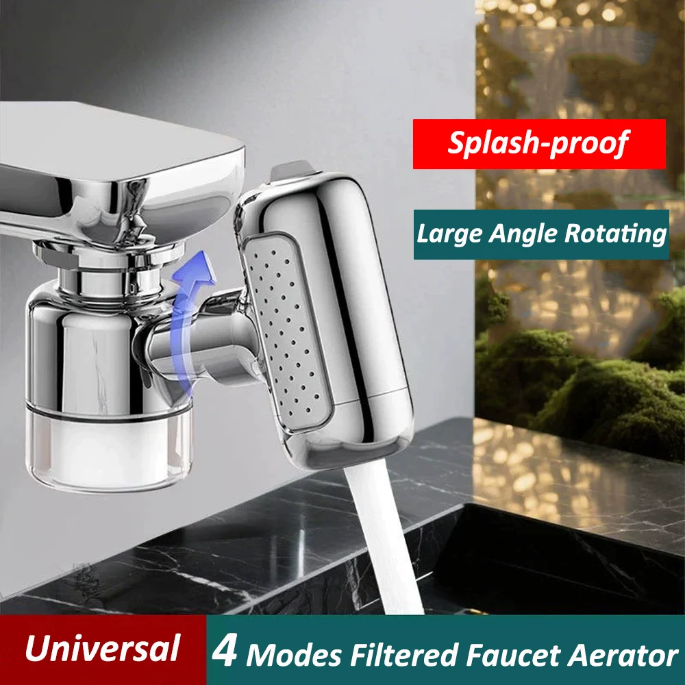 Metal Kitchen Faucet Extender with Filter Tap Aerator Universal 4 Modes Splash-proof Basin Swivel Robotic Arm Faucet Extender