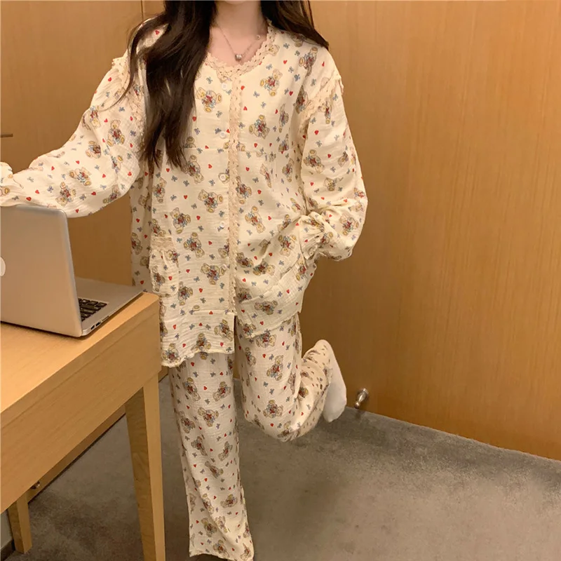 Bear Cartoon Cute Soft Cotton Winter Autumn Home Long Sleeve Pajama Set Women Elegant Casual Sweet NightDress Pattern Kawaii Ins