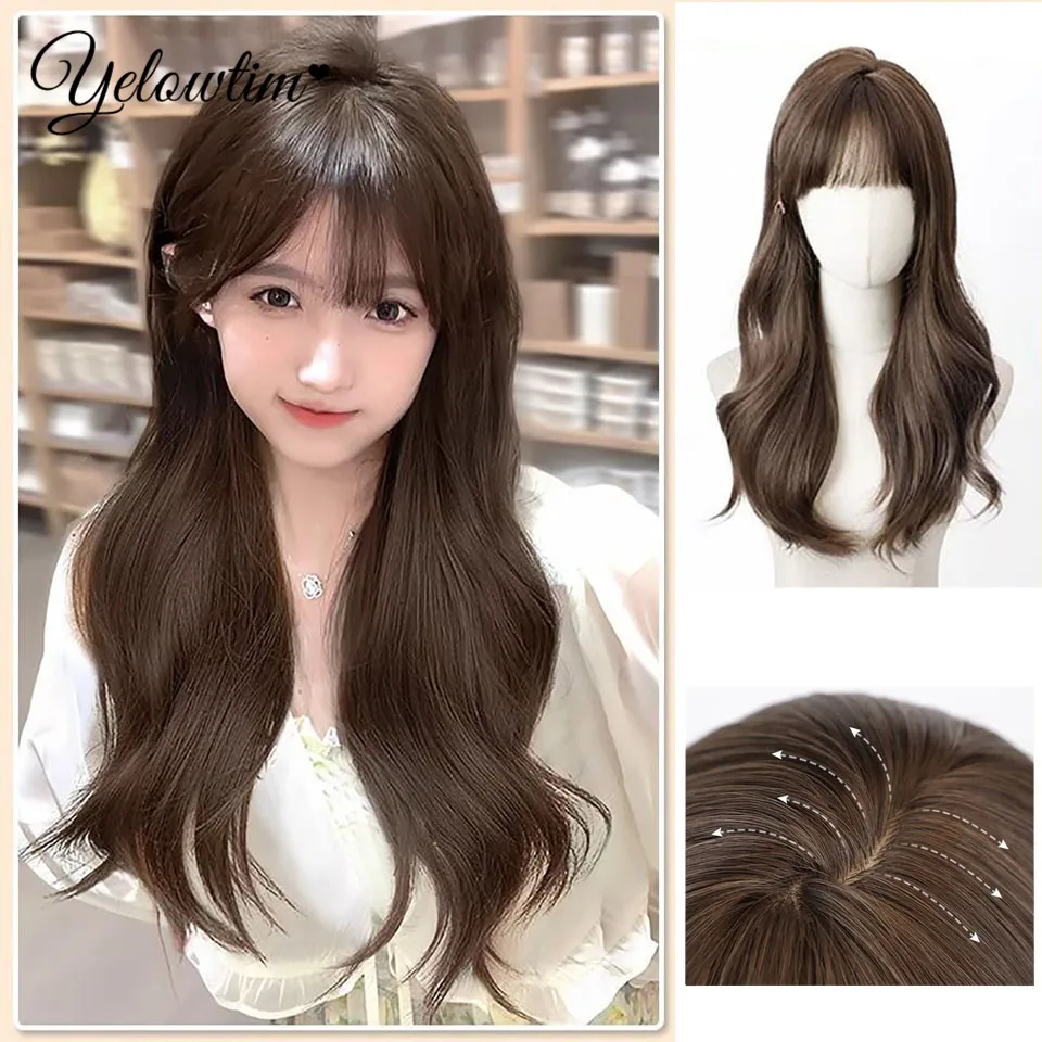 YELOW Women's long hair full headband simulated air bangs big wave curly atmosphere slightly curly long curly hair full wig set