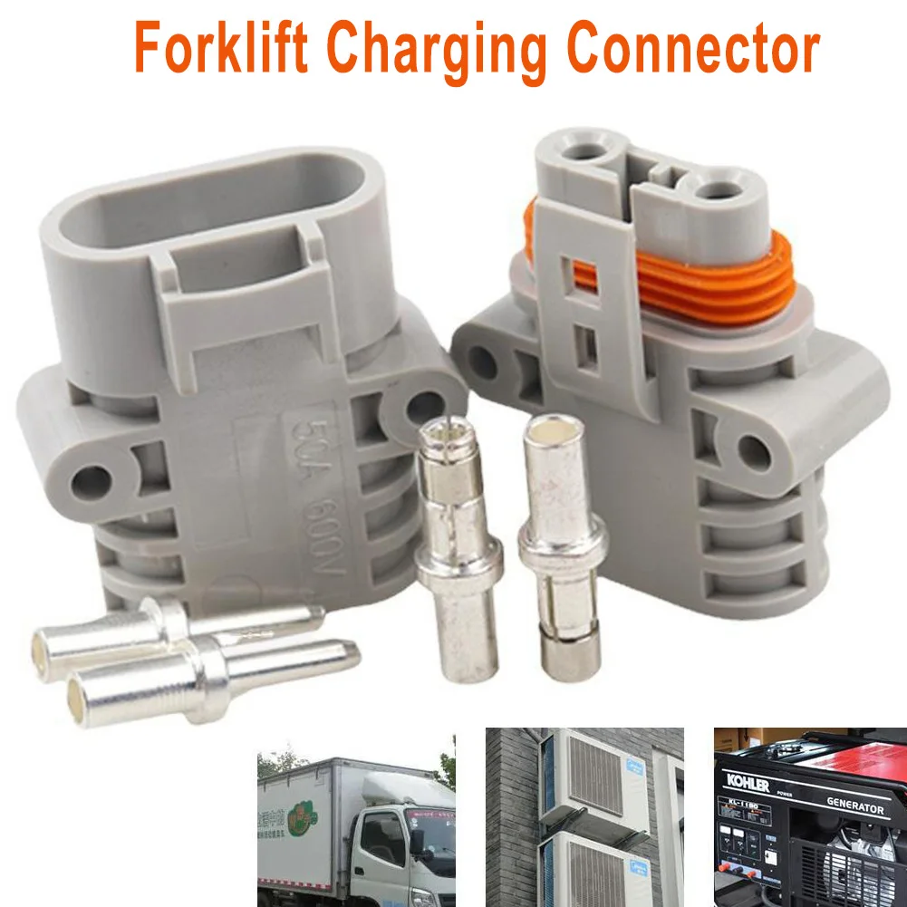 1 Pair Of  50 Amp 600V 6 For AWG Grey Forklift Cable Power Male / Female Connectors High Current Straight-Plug For Electric Car