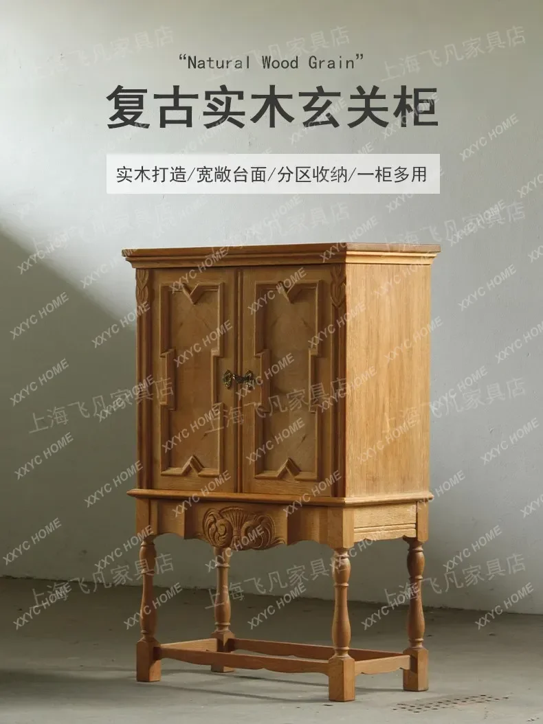 

M32 vintage solid wood entryway cabinet carved double door storage cabinet floor-to-ceiling log color storage cabinet