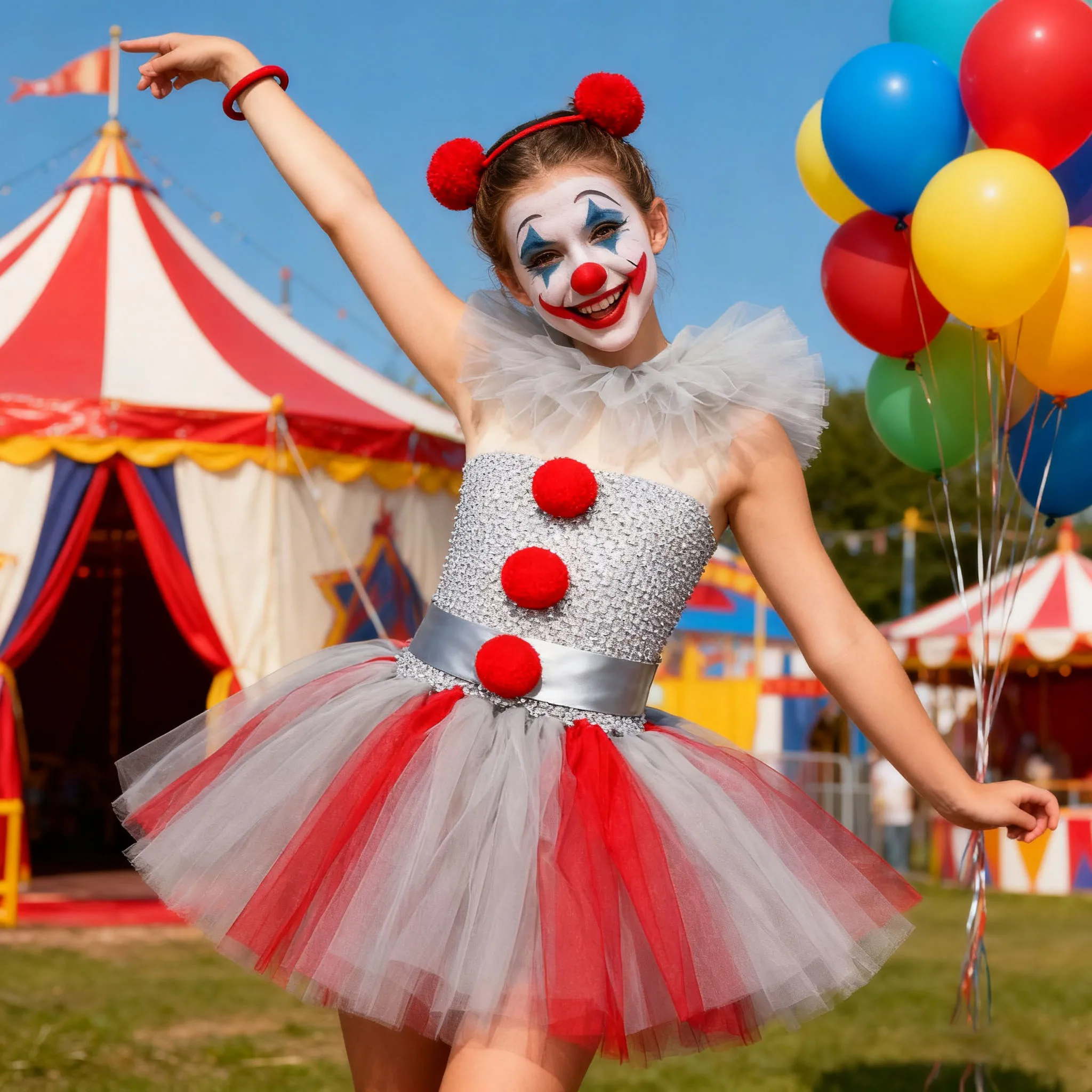 

2025 Gray Red Clown Dress For Girls Halloween Mesh Hem&Pom Poms Dance Party Costume Joker Scary Children Dress Up Clothes 1-12y