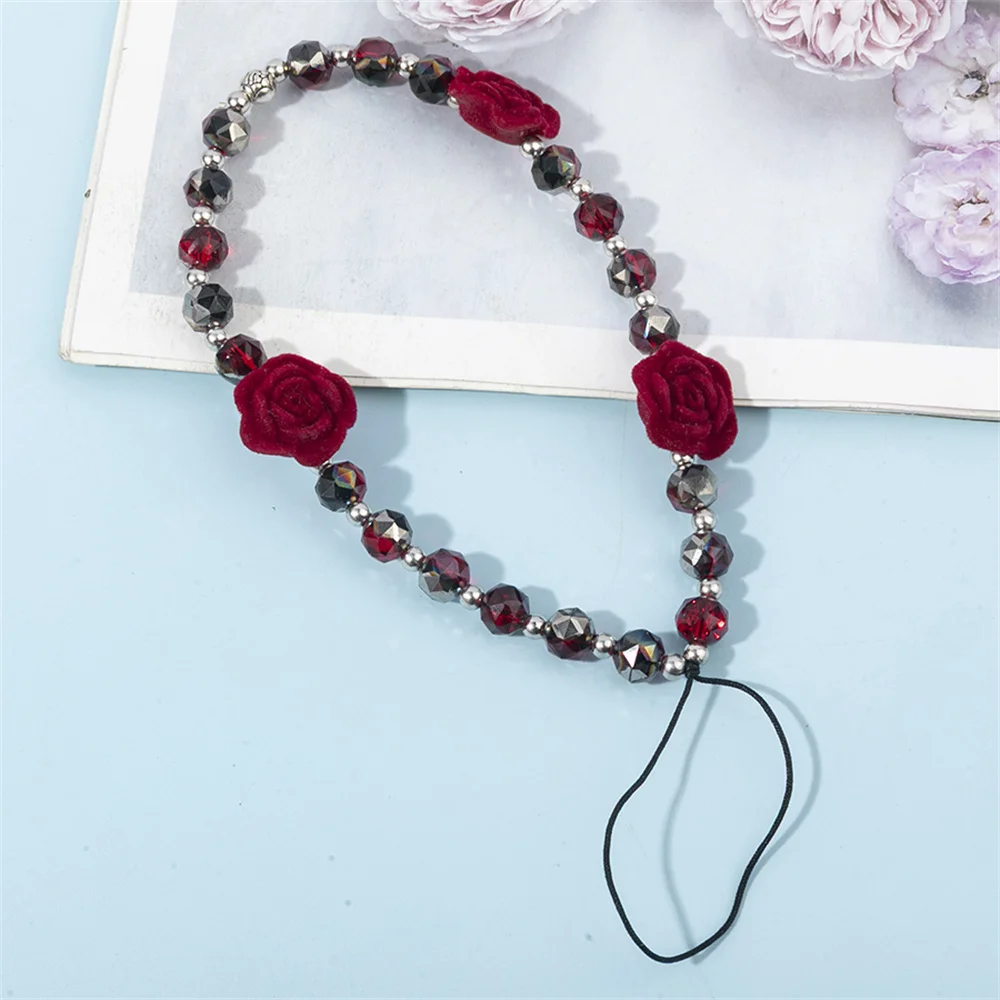 1 pçs vinho vermelho rosa flor telefone corrente charme contas de resina corrente do telefone celular cinta carteira câmera saco decoração jóias acessórios