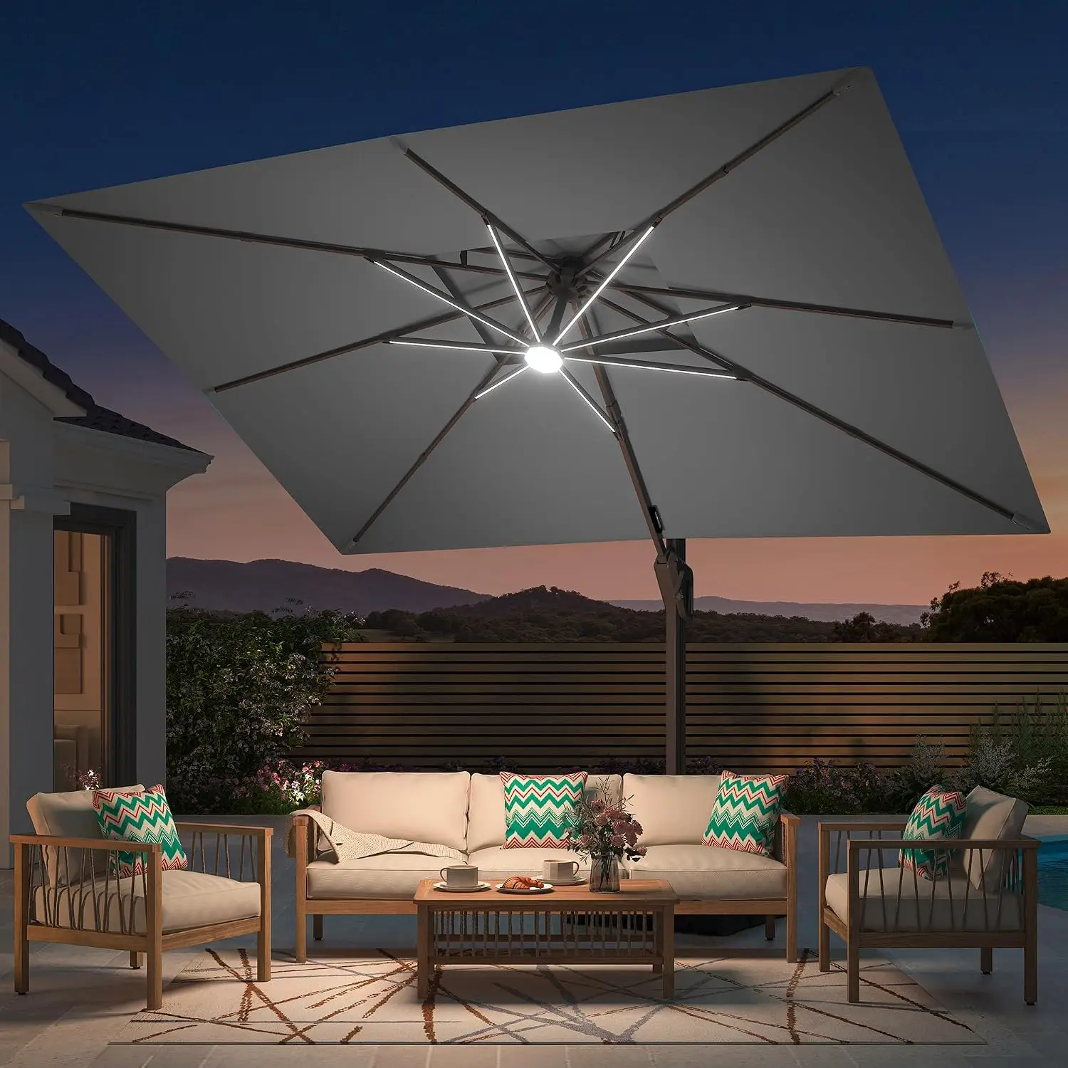 Weighted Base Included, Aluminum Frame, Double Top Waterproof Canopy, 360-degree Rotation, for Pool Garden Deck, Grey