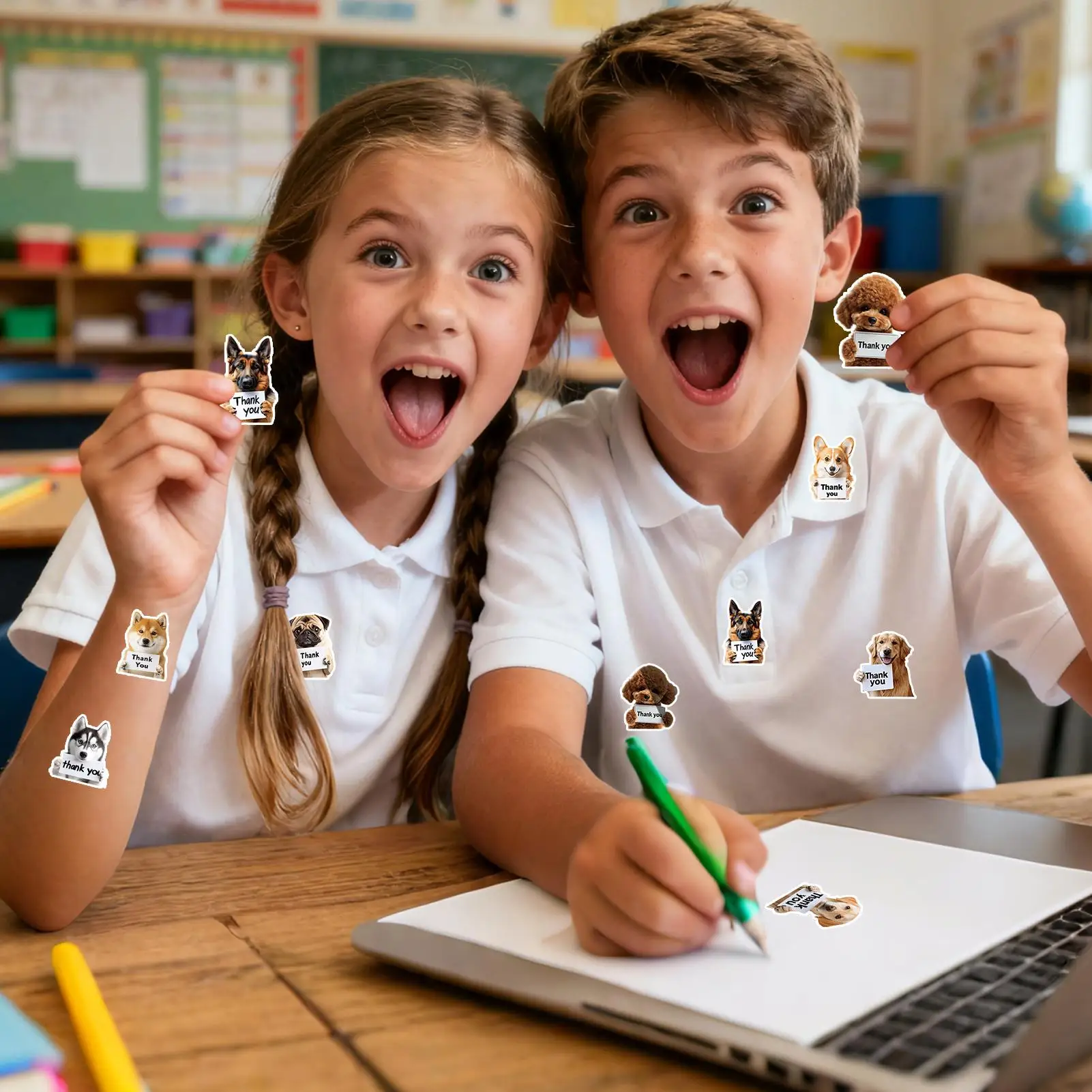 어린이용 강아지 스티커 500개 롤 감사합니다 데칼 미적 스티커 어린이용 소년 소녀 청소년 성인 학생용