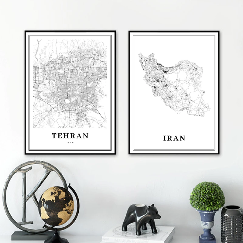 (2D Canvas Painting)  Tehran Area Iran Map Prints City Street Poster Islamic Republic of Iran Persia Persian Map Canvas Paint