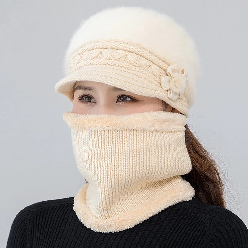 Women Winter Hat Keep Warm Cap Add Fur Lined Hat And Scarf Set Warm Hats For Female Casual Rabbit Fur Winter Knitted Hat