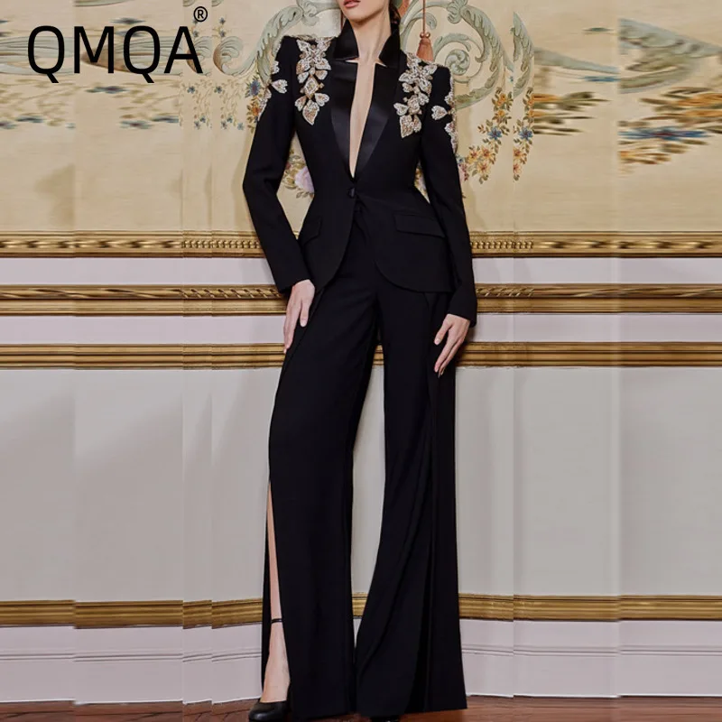 QMQA Fashion Women's 2 Pcs Sets V-neck Long Sleeve Splicing Diamonds Blazer Coat High Waist Split Wide Leg Pants Set New 1A716