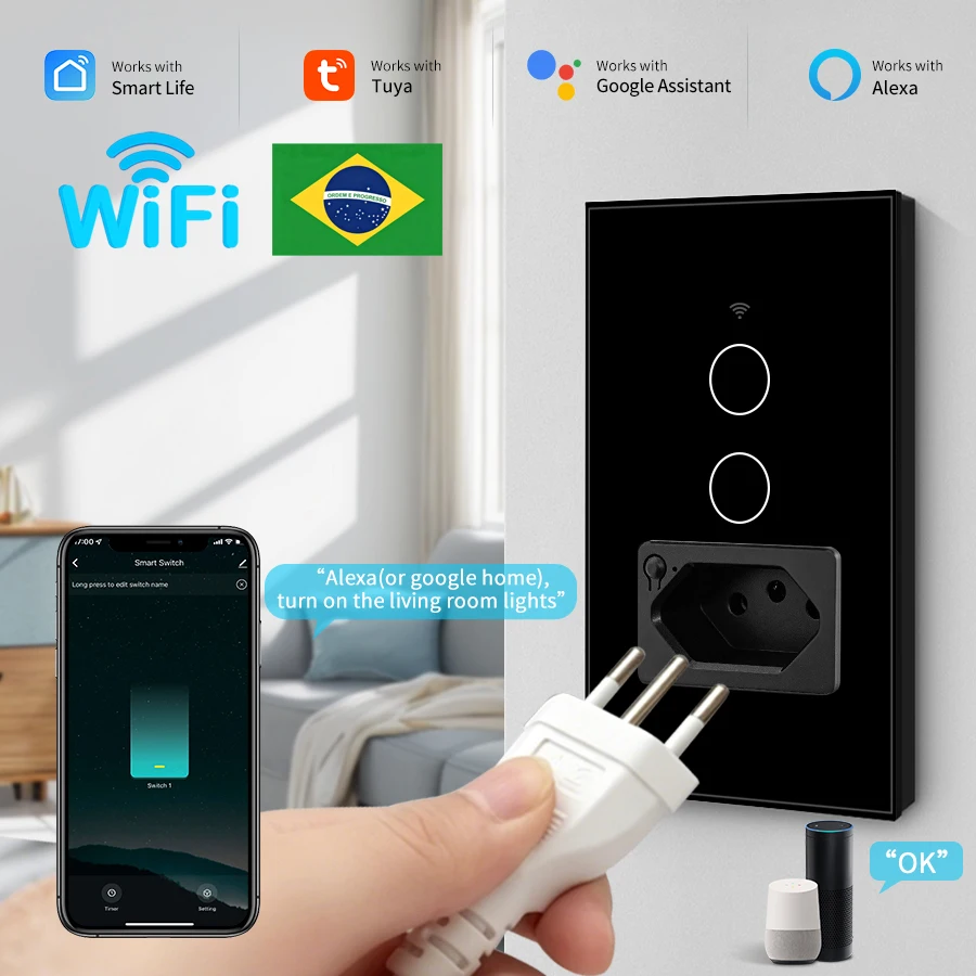 Tuya Smart Wifi Switch With Brazil Socket 10A Plug Outlet Wall Touch Panel Light Switches Work With Smart Life Alexa Google Home