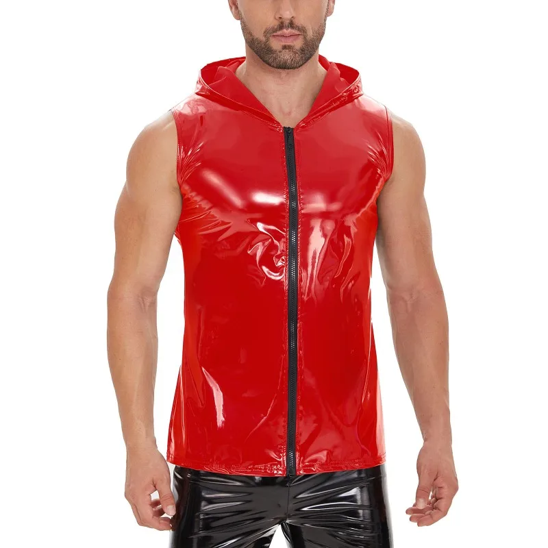 Plus Size Mens Shiny Leather Hooded Tank Top Soft PVC Leather T-Shirts Sleeveless Male Black Red Full Zipper Shaping Vest