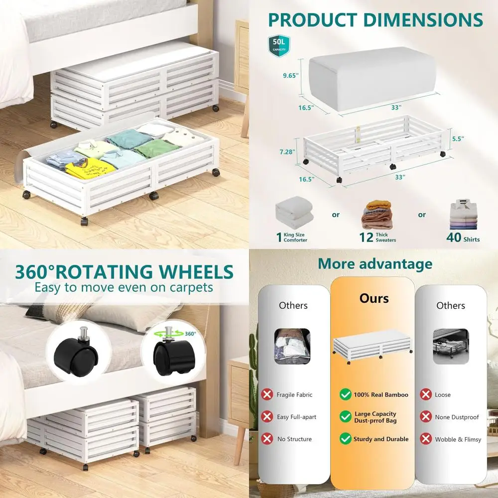 

Rolling Underbed Storage Containers with Wheels and Large Dust Bag - 2 Pack White Long Wood Shoe Organizers