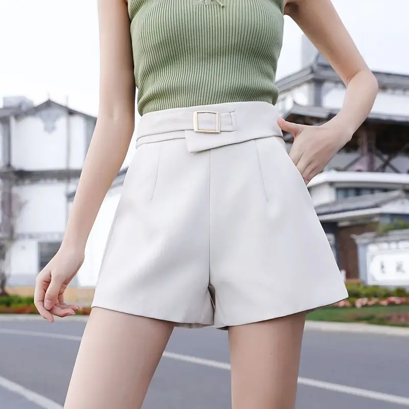 エレガントなスーツショーツ レディース 韓国ファッション ブラック ワイドレッグショーツ 夏 オフィス レディース ホワイト ハイウエスト オールマッチ ショートパンツ Wh9