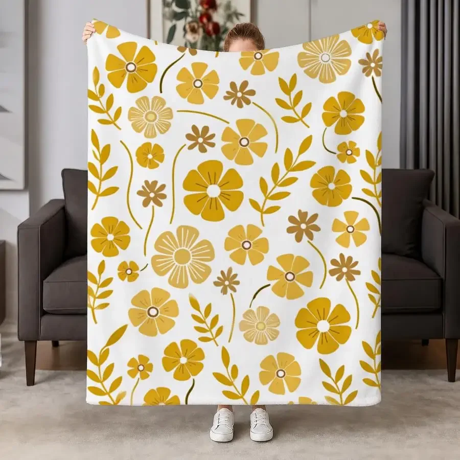 Elegant Yellow Floral Flannel Throw Blanket - Soft & Warm Repeating Botanical Pattern on White, Ideal for Couch, Bed
