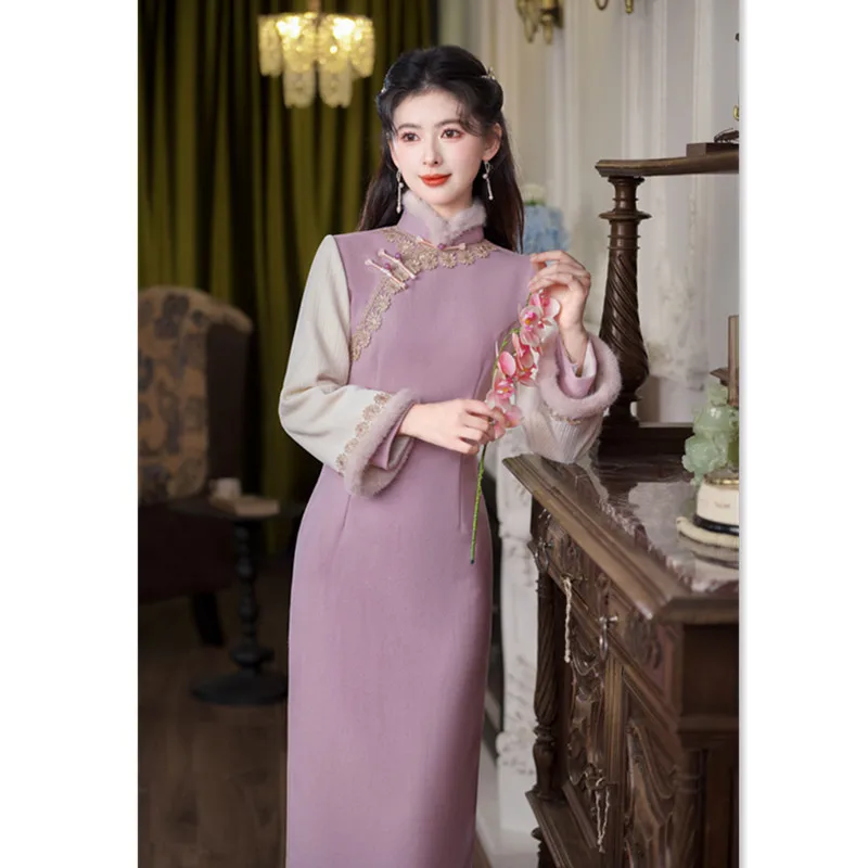 

Модное улучшение для молодых девушек, длинное Cheongsam с двойными рукавами Qi Pao, новинка зимы