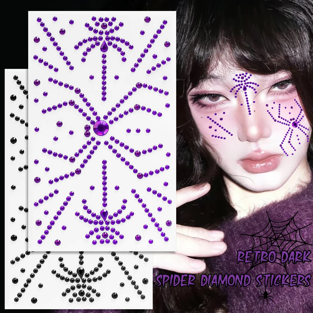 3D Red Black Face Diamond Sticker Crystal Jewel Halloween Purple Spider Rhinestone Temporary Tattoo Stickers Festival DIY Makeup