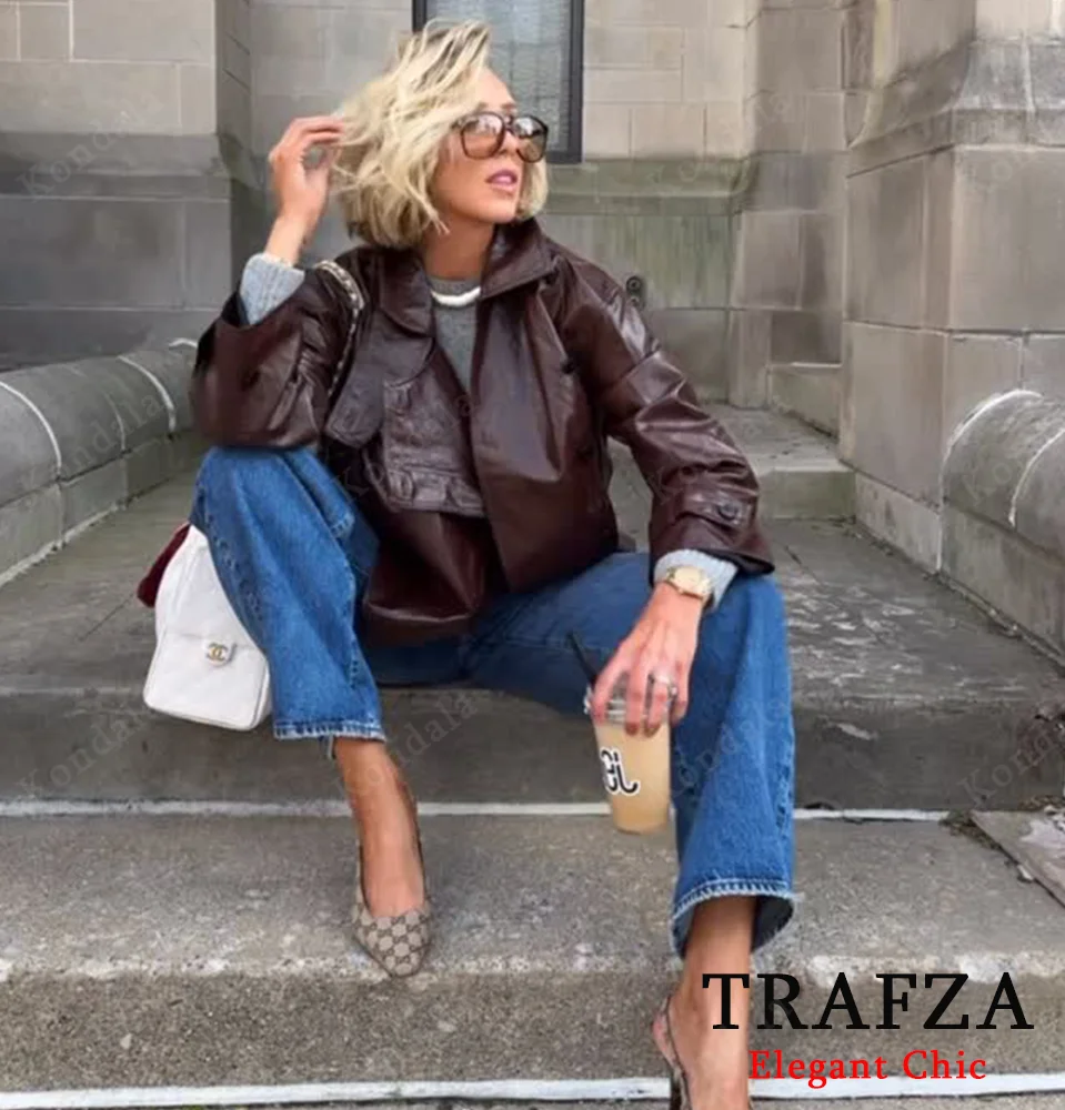 

KONDALA Women PU Leather Jacket Coat Lapel Buttons Loose Bomber Jacket 2025 Fall Fashion High Street Vintage Chic Lady Jacket