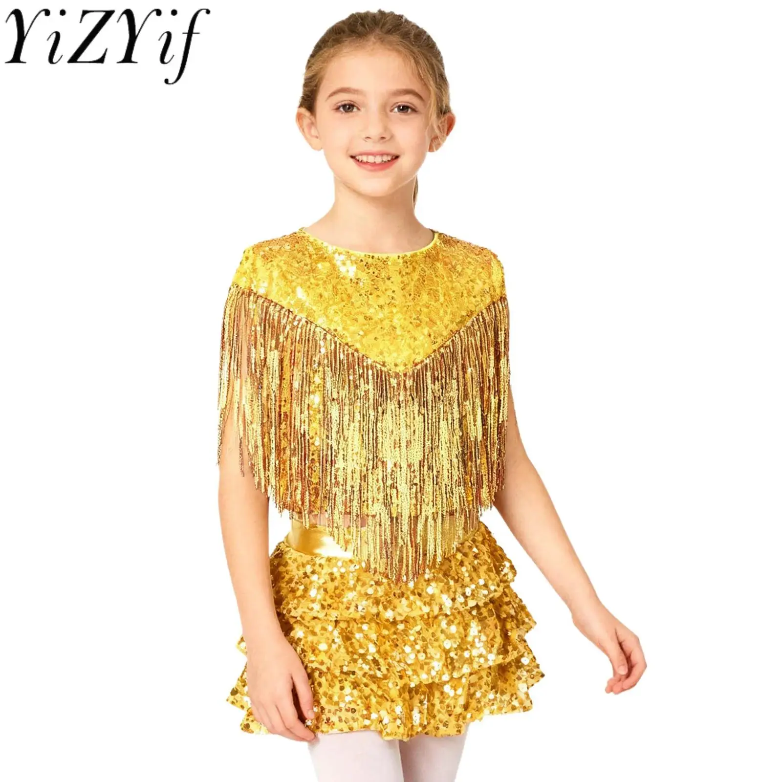 

Girls Latin 70S Disco Dance Outfits Sequins Sleeveless Tassels Top with Tiered Ruffle Skirted Shorts Jazz Dance Performance Wear