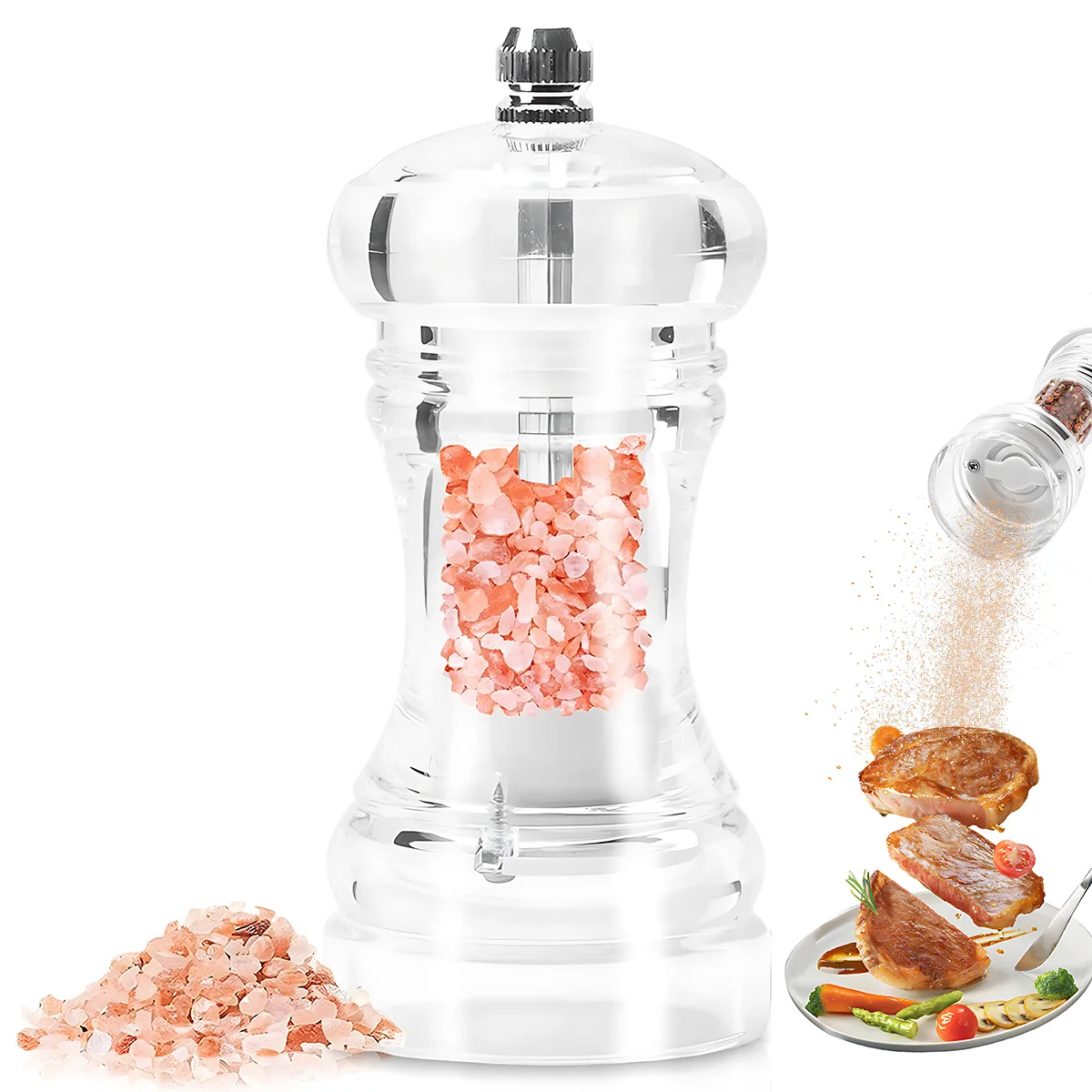Pepper Grinder- 4/5/6 inch Acrylic Salt and Pepper Shakers Adjustable Coarseness by Ceramic Rotor Kitchen Accessories