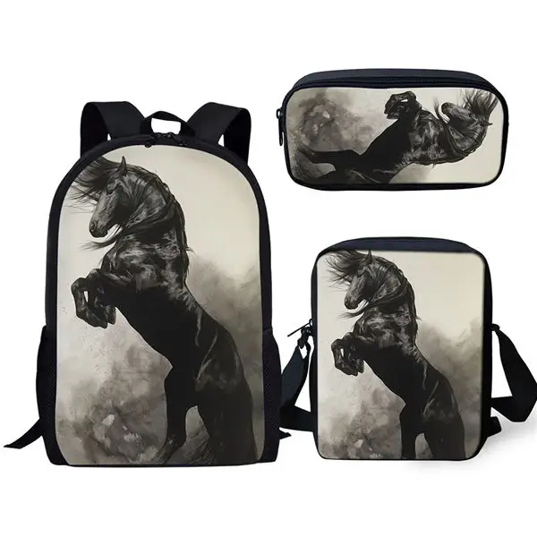 

Classic Handsome Black Horse 3D Print 3pcs/Set pupil School Bags Laptop Daypack Backpack Inclined shoulder bag Pencil Case