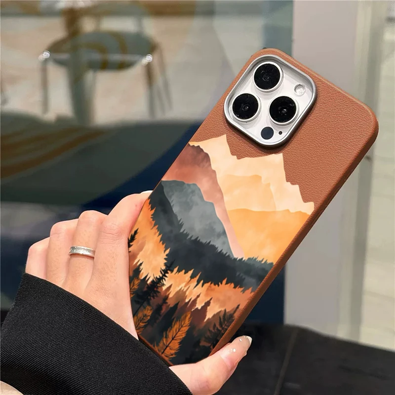Mountain Sunset Lichee Texture Phone Case For iPhone 17 Pro Max 15 14 13 12 11 16 Pro XS X XR 7 8 Plus 16E 17 Air Bumper Cover