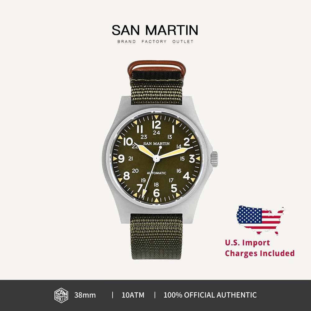 

San Martin 38mm NH35 Retro Military Pilot Watch Bead Blasted Case Automatic Mechanical Watches for Men 10Bar Waterproof Luminous