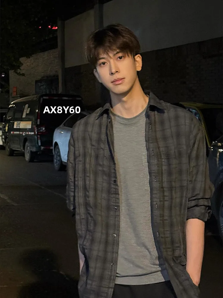 Deep Grey Ice Silk Quick Dry Men's Shirt Jacket Spring Summer Thin American Retro Plaid Sun Protection Shirt Coat Casual Style