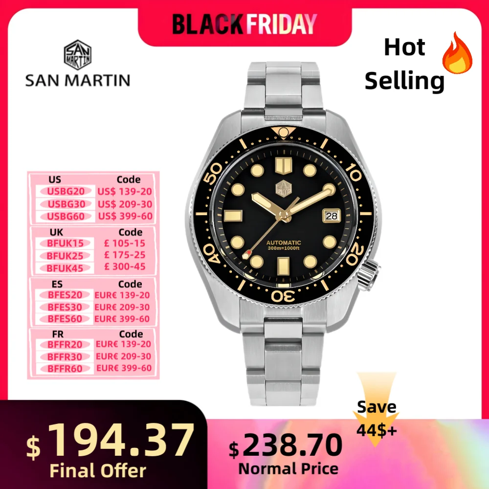 San Martin 44mm MM300 Black Turtle NH35 Men's Watch Mechanical Vintage Sapphire Date Window Gilt Dial 30Bar Reloj Hombre SN0087