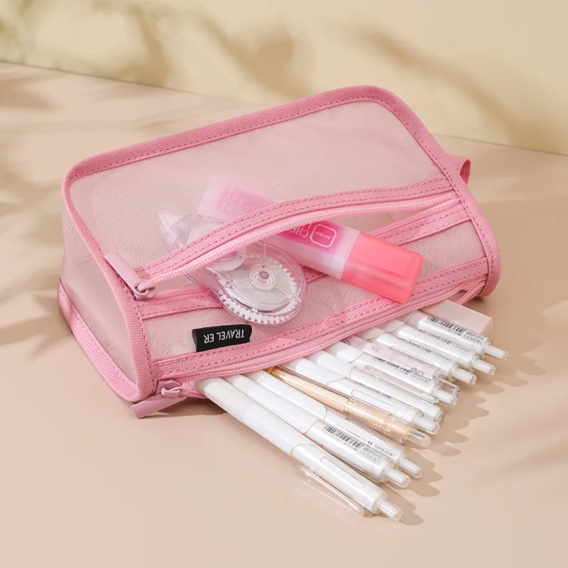 Simple Visible Mesh Makeup Brushes Storage Bag Large Capacity Students Stationery Organizer Bags Colored Nylon Mesh Pencil Case image 5