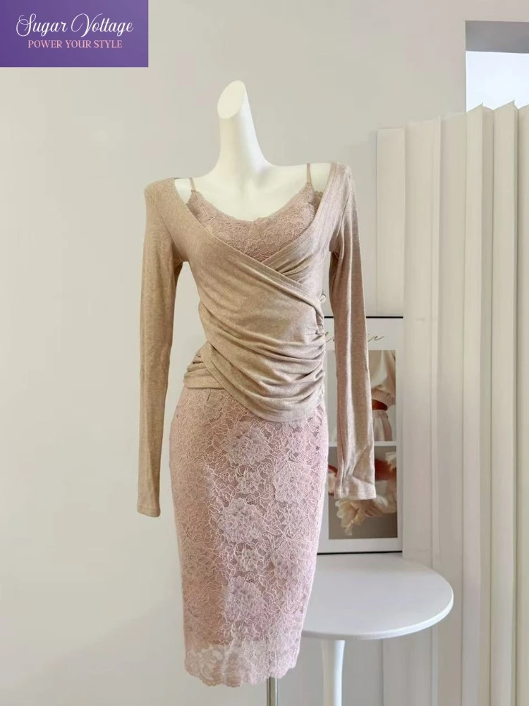 French Vintage Elegant Sexy Two Piece Set Women V-Neck Cross Tops + Lace Slip Dress Slim Fit Chic Autumn Fashion Party Outfit