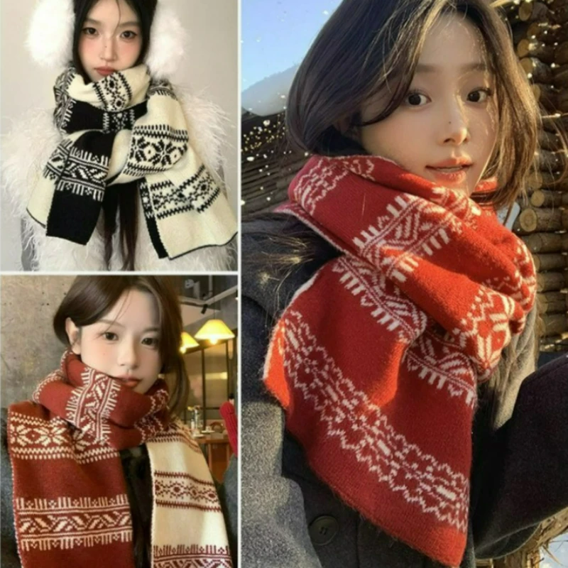 

Двусторонний двухцветный жаккардовый шарф в корейском стиле, вязаный шарф-шаль, теплый шарф 2026, осенне-зимняя защита плеч в стиле ретро